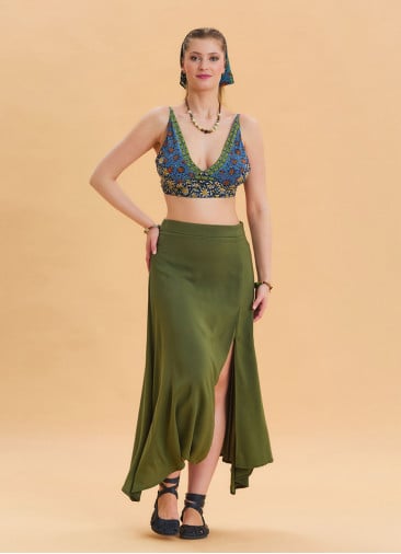 Khaki Asymmetrical Skirt with Zipper Detail and Slit 4639